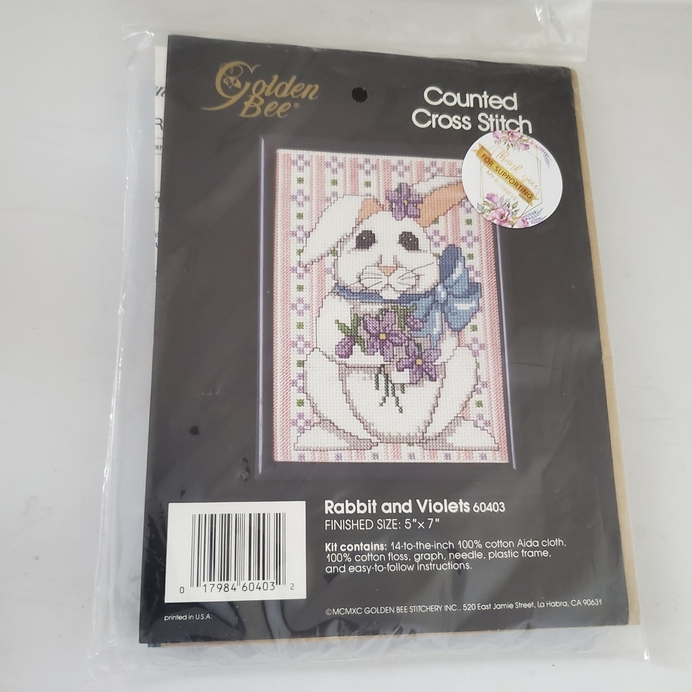 Golden Bee Rabbit and Violets Counted Cross Stitch Kit 60403 Vintage 1990 Bunny
